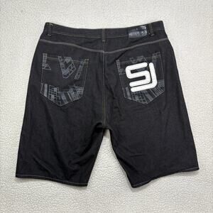 Game Time Denim Jorts Mens 46 (42) Black Embroidered Baggy Jean Shorts